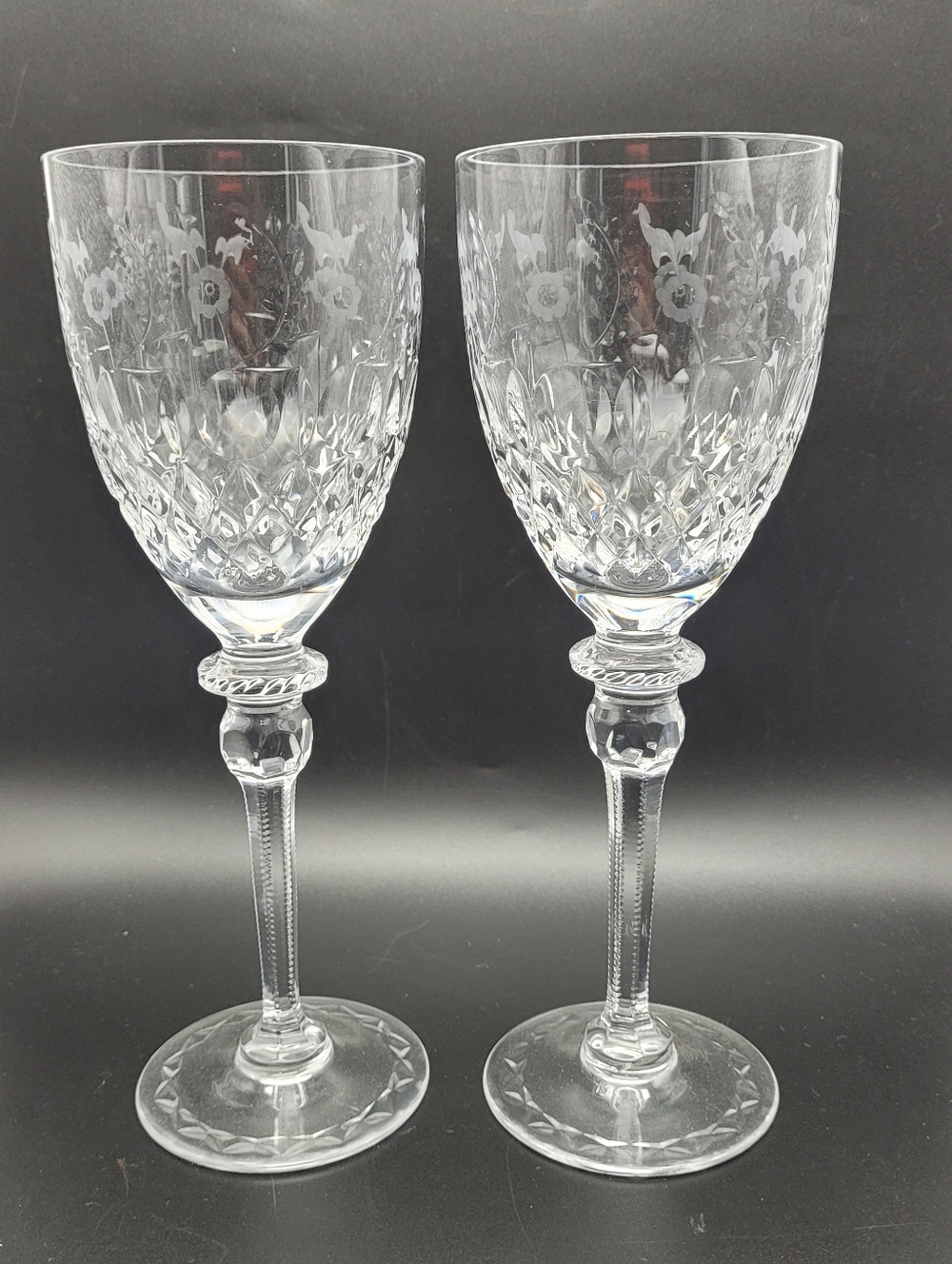 2 Rogaska Gallia Crystal Wine/ Water Glasses 9.25" Etched Floral Cut Stemware